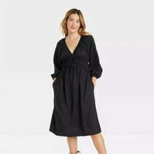 UNIVERSAL THREAD‎ BLACK V NECKLINE TIE FRONT MIDI DRESS LINEN BLEND SIZE M